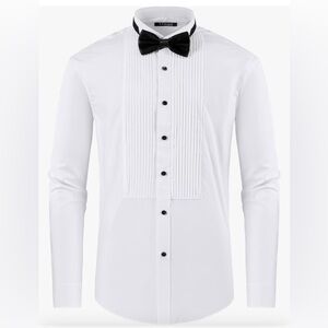 FAHIZO White Tuxedo Shirt Men's Wing Collar French Cuffs Bow Tie#756